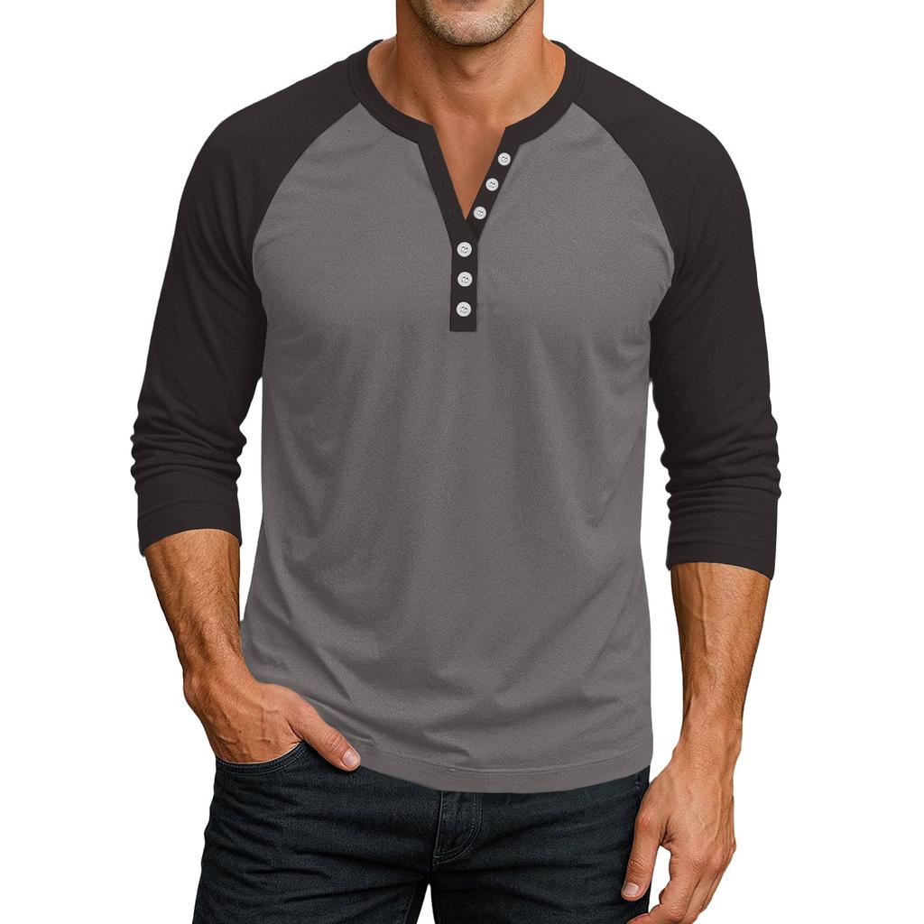 Men's Button-Down Contrast Raglan 3/4 Sleeve Top