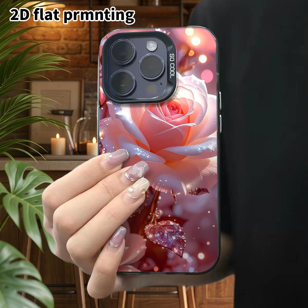 Phone case: 2D flat design, suitable for iPhone 18, 17, 16, 15, 14, 13Pro, color silver protective case, couple style, pink and white rose, Christmas
