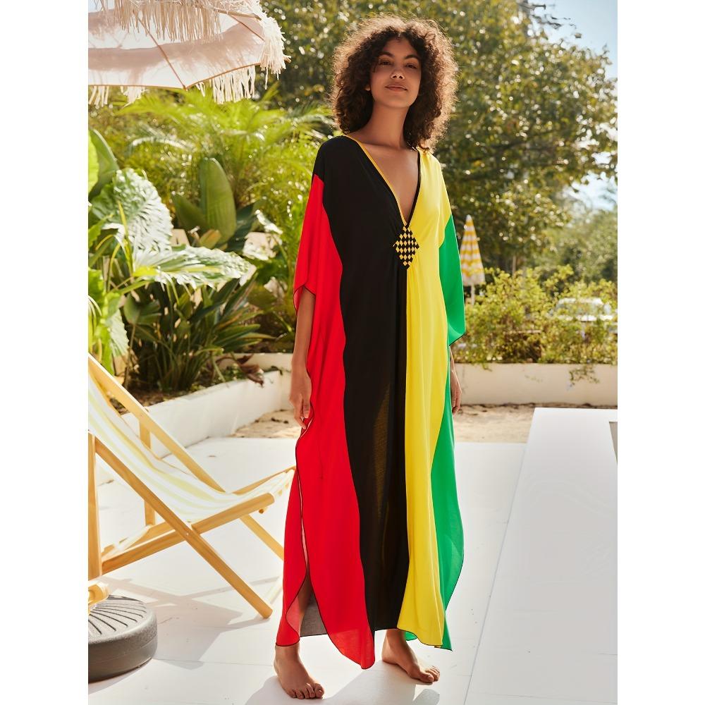 Платье с V-образным вырезом с цветными блоками, платье макси с рукавами «летучая мышь» в стиле бохо, женская одежда