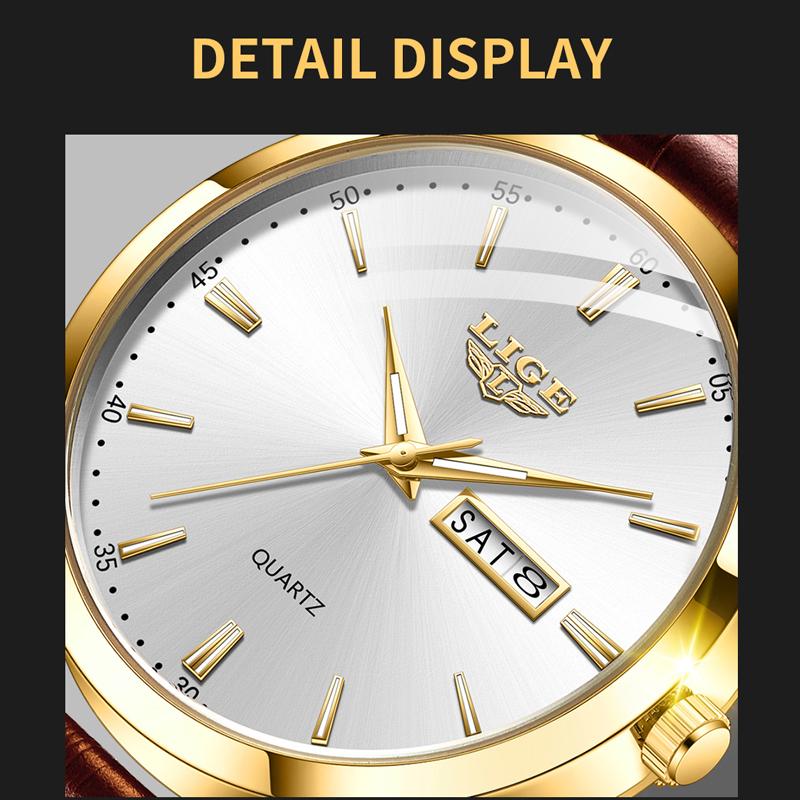 LIGE Лучший бренд, мужские кожаные деловые часы с датой, водонепроницаемые светящиеся часы, мужские роскошные спортивные водонепроницаемые кварцевые наручные часы