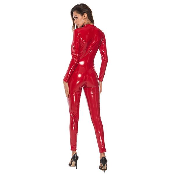 Women's Fashion Long Sleeve Paint Leather Catsuit PVC Latex Bodysuit Front Zipper Open Crotch Stretch Club Jumpsuit
