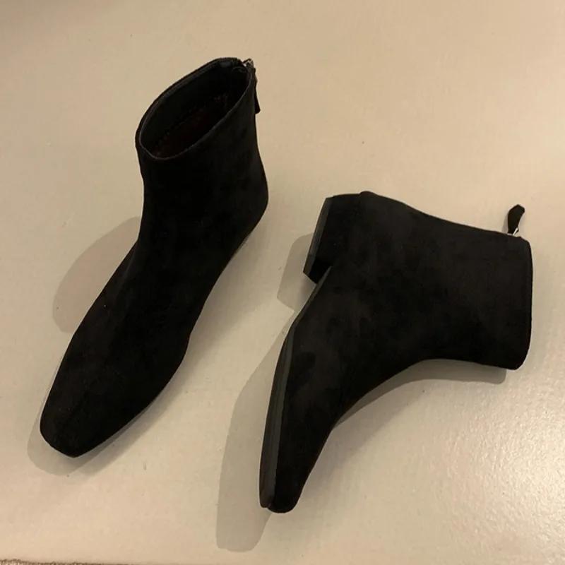 Женские ботильоны из замши, теплые, с квадратным носком, кожаные, зимние, брендовые, плюшевые, хлопковые, трендовые, на низком каблуке, челси, модные, удобные, Botas Mujer