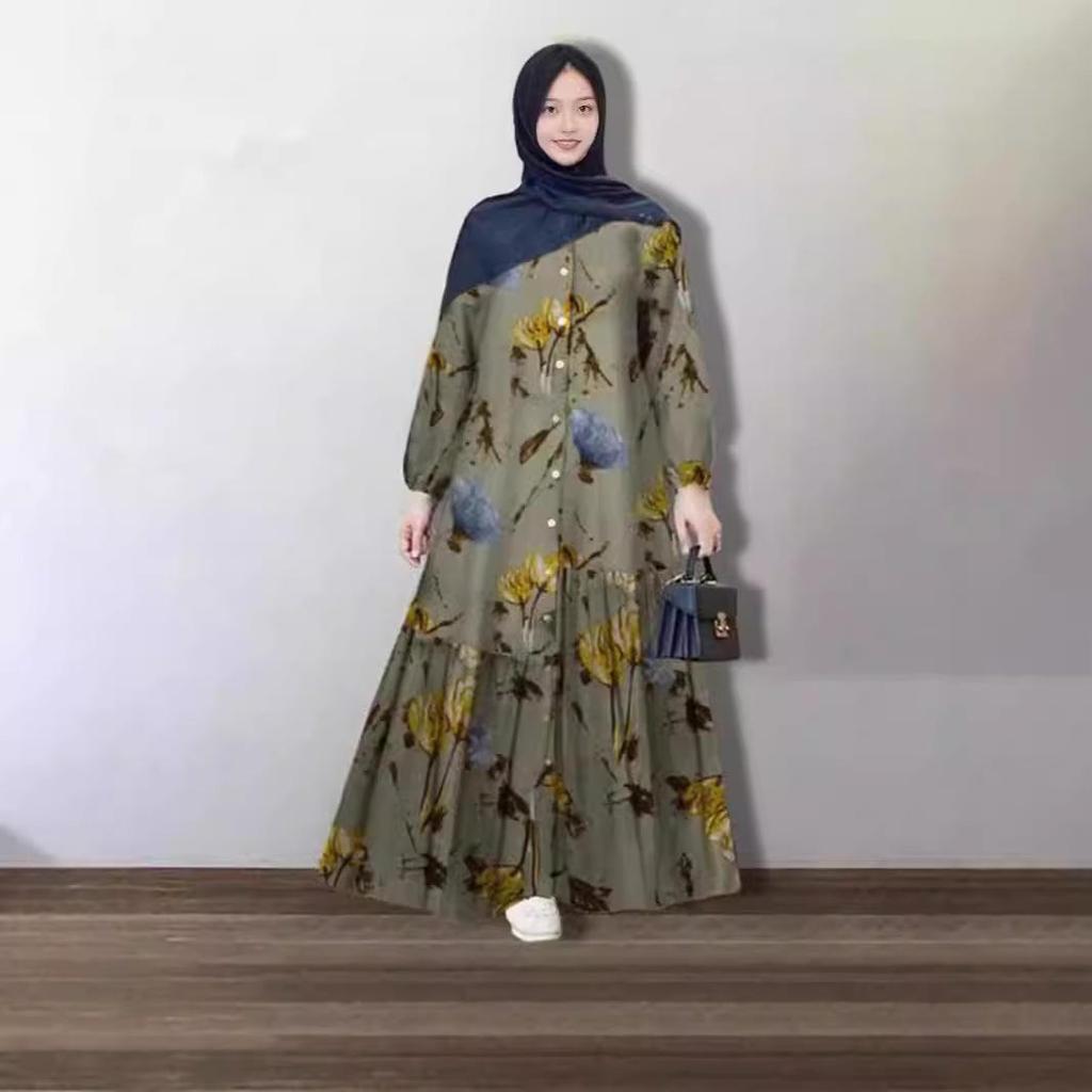 Retro Floral Print Long Sleeve Loose Dress - European & American Style 2024