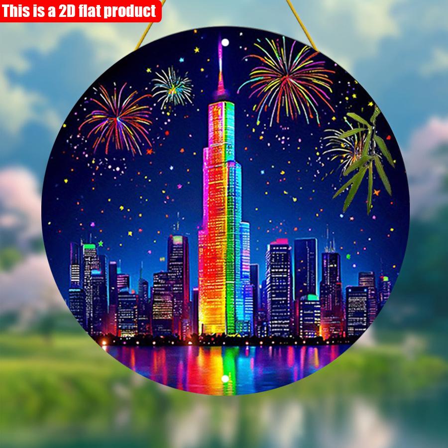 2D Flat 20*20см1шт. Круглая подвеска с изображением небоскреба на ночном городе, красочные узоры фейерверков и небоскребов, декоративная тарелка, яркая тема городского пейзажа
