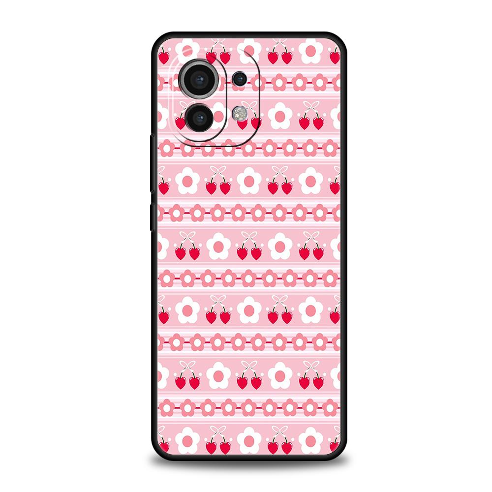Чехол для телефона для Xiaomi Poco F7 F6 F5 F4 F3 X7 X6 X5 X4 X3 NFC M4 C51 C55 GT Pro 5G Мягкий ТПУ Клубника и Мелкий Цветочный Розовый