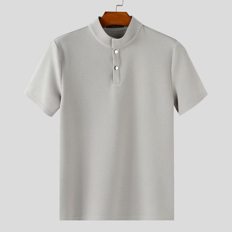 INCERUN Мужские повседневные футболки с коротким рукавом и воротником-стойкой, однотонные, вафельной текстуры