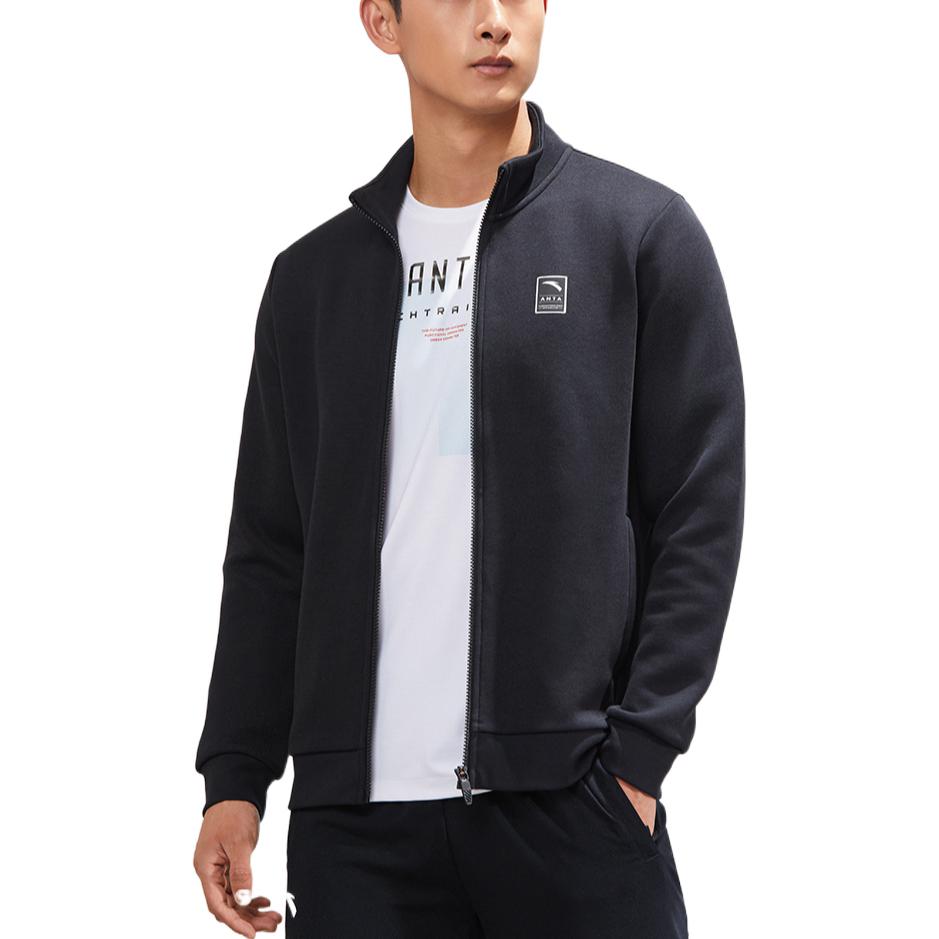 Anta Сплошной цвет с нашивкой-логотипом и воротником-стойкой на молнии, толстовка на флисовой подкладке, мужская верхняя одежда, черный 952237735-3
