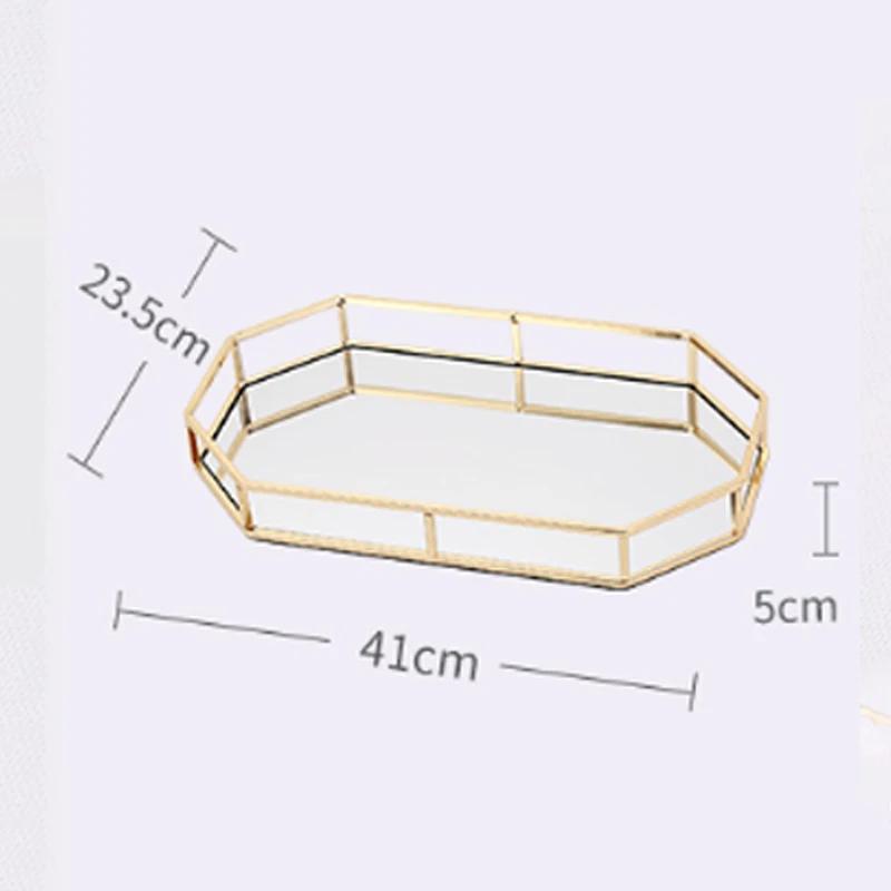 Nordic Light Роскошный стеклянный зеркальный поднос для хранения вещей Золотой железный круглый креативный декор для гостиной Фруктовая косметика Журнальный столик