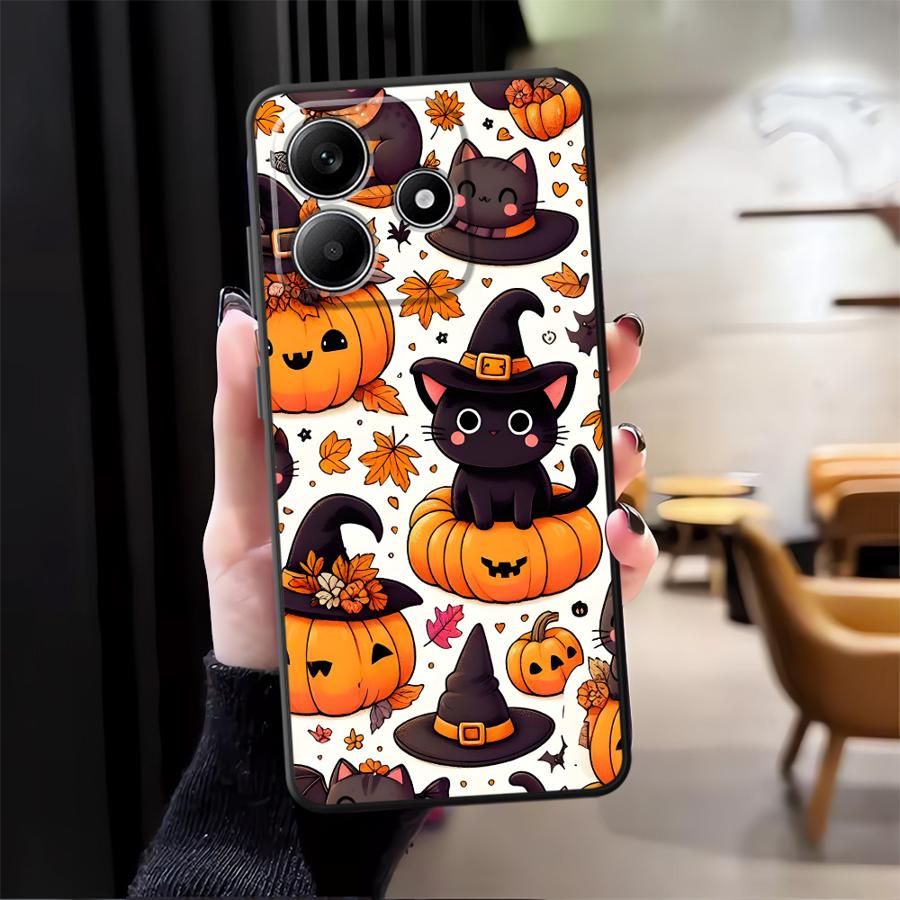 Чехол для Xiaomi Redmi Note 9S 9 10 11 12 Pro 11s 13 14 Pro Plus 12s 10S 7 8 Черный Мягкий Чехол для Телефона Тыква Кошка