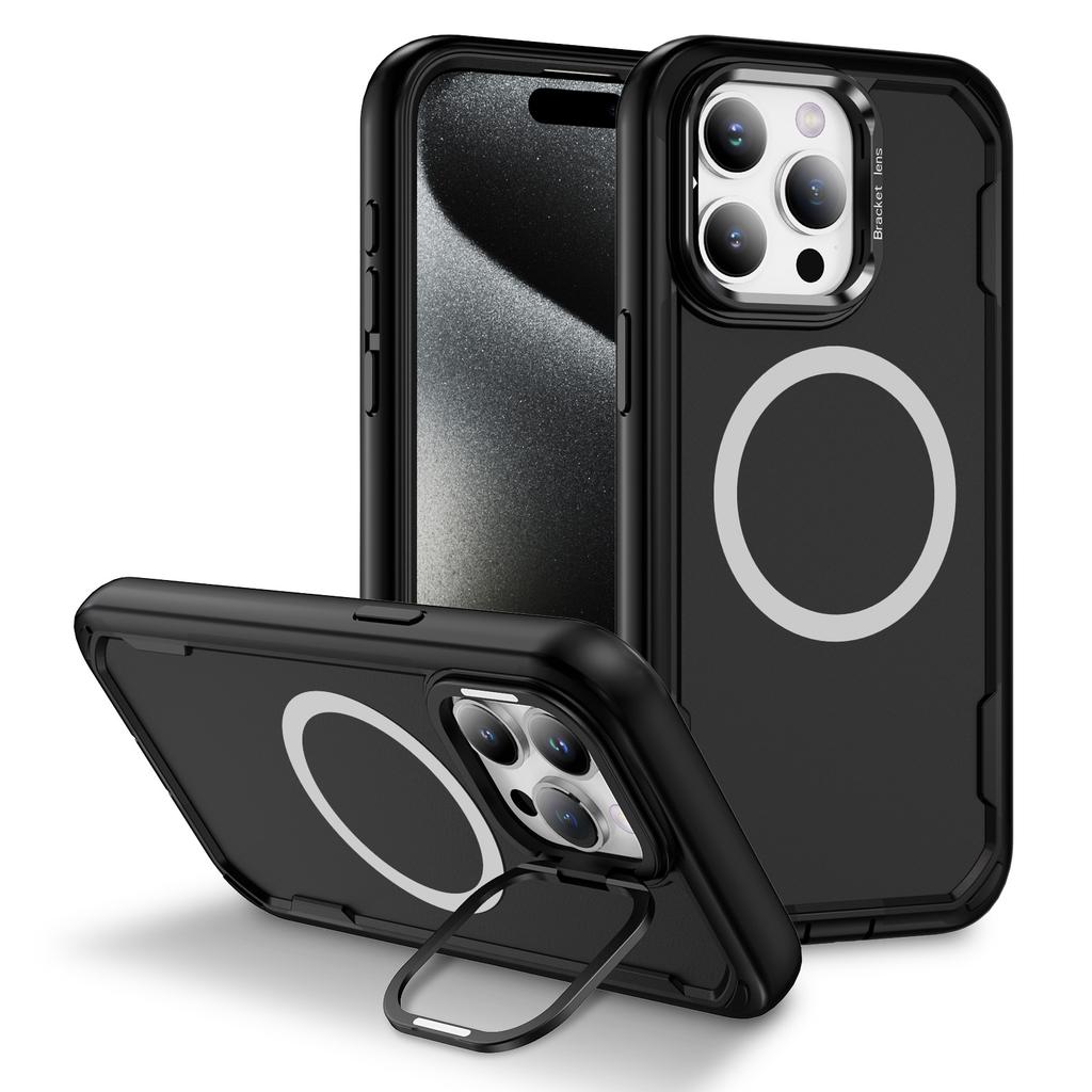 For iPhone 15 Pro Max Case Compatible with MagSafe Lens Frame Kickstand TPU+PC Shockproof Phone Cover