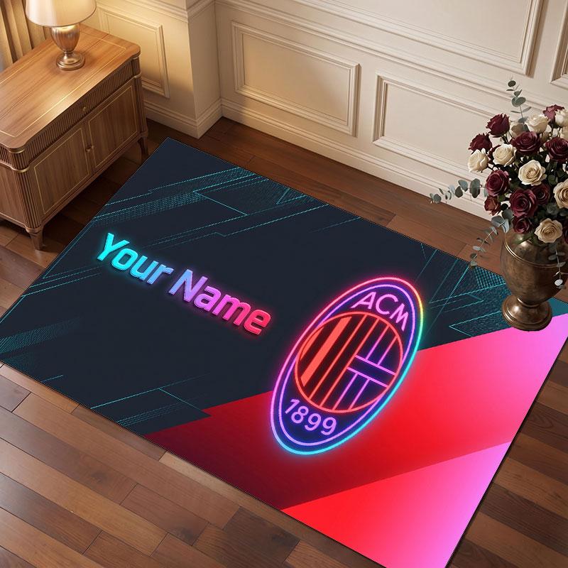 AC Milan Custom Crystal Velvet Rug, Personalized Name Text Print, Football Logo Soft Non‑Slip Floor Mat Home Decor Gift