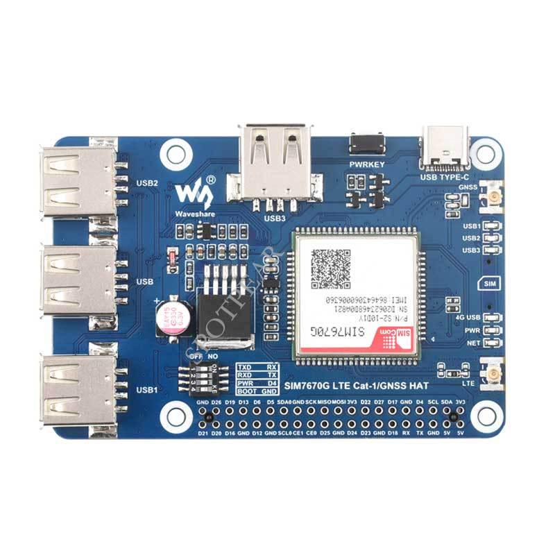 Raspberry Pi LTE-4G Cat-1 SIM7670G GNSS/USB HUB Expansion Board with 3 USB 2.0 Ports