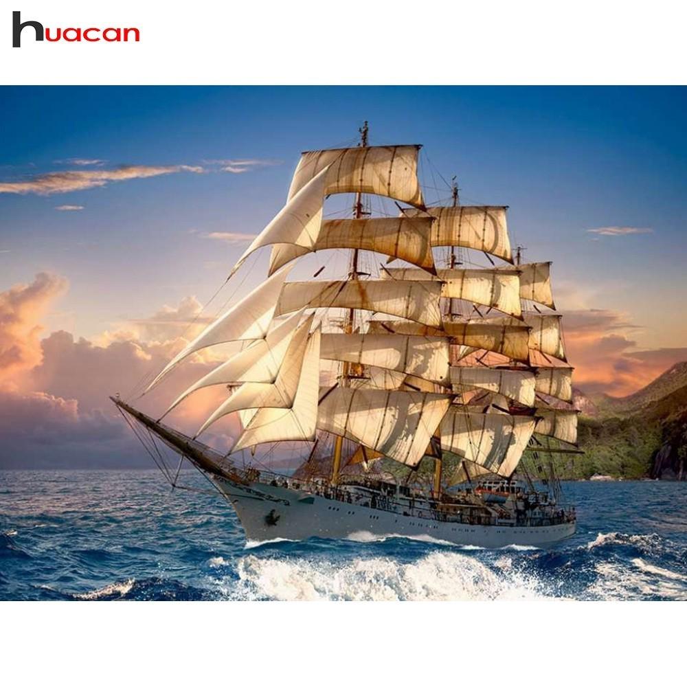 HUACAN Пейзажная краска с бриллиантами 5D Полная квадратная дрель Морское украшение Дома DIY Мозаика Парусник