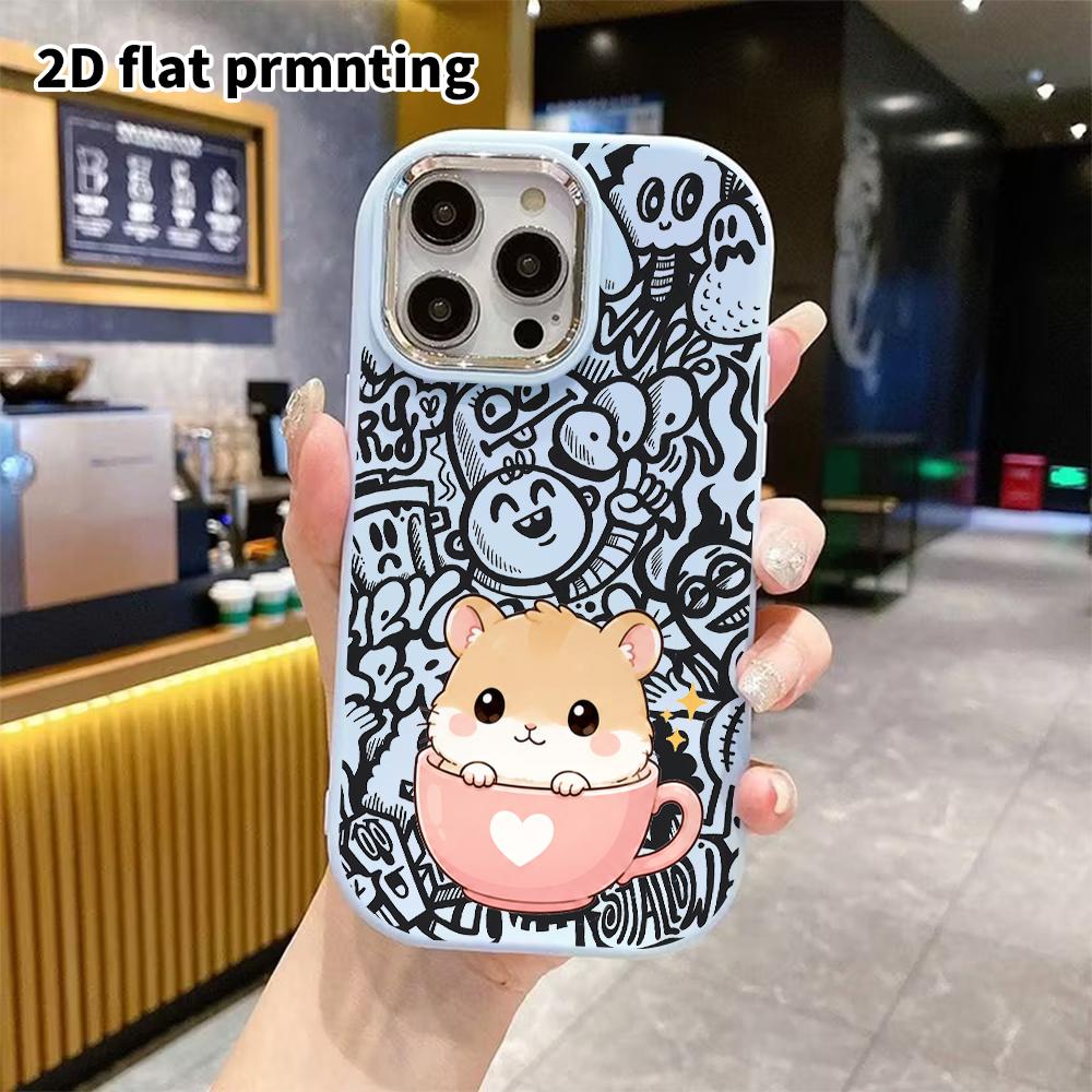 Phone Case: 2D flat design suitable for iPhone 18 17 16 15 14 13 Pro protective case, couple style, teacup hamster, Christmas and Halloween gifts