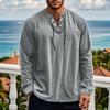 Men Causal Shirt Lace-up V Neck Loose Fit Long Sleeves Shirt Vintage Ethnic