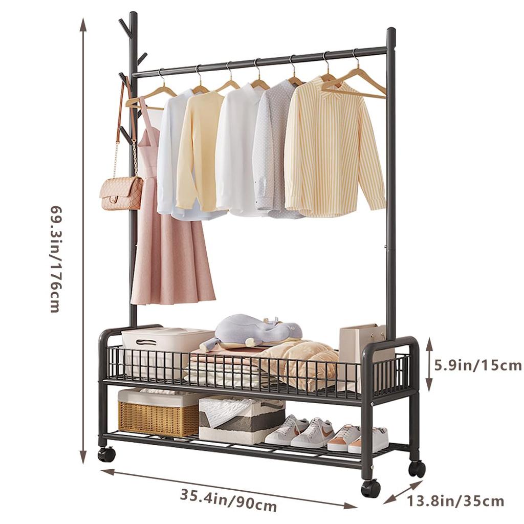 Hanger Rack with Coat Clothes Coat Large Assembly Width 90 X Depth 35 X Height 176 Cm Casters, Hanger, Basket, Shelf, Rack, Rack, Storage,