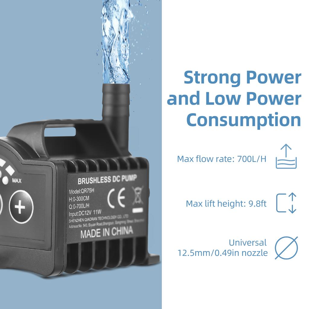 Submersible 12V Water Pump 8 Levels Adjustable 0-700L/H Fountain Pump with 0-9.8ft Lift, DC Female Plug and Suction Cup Base