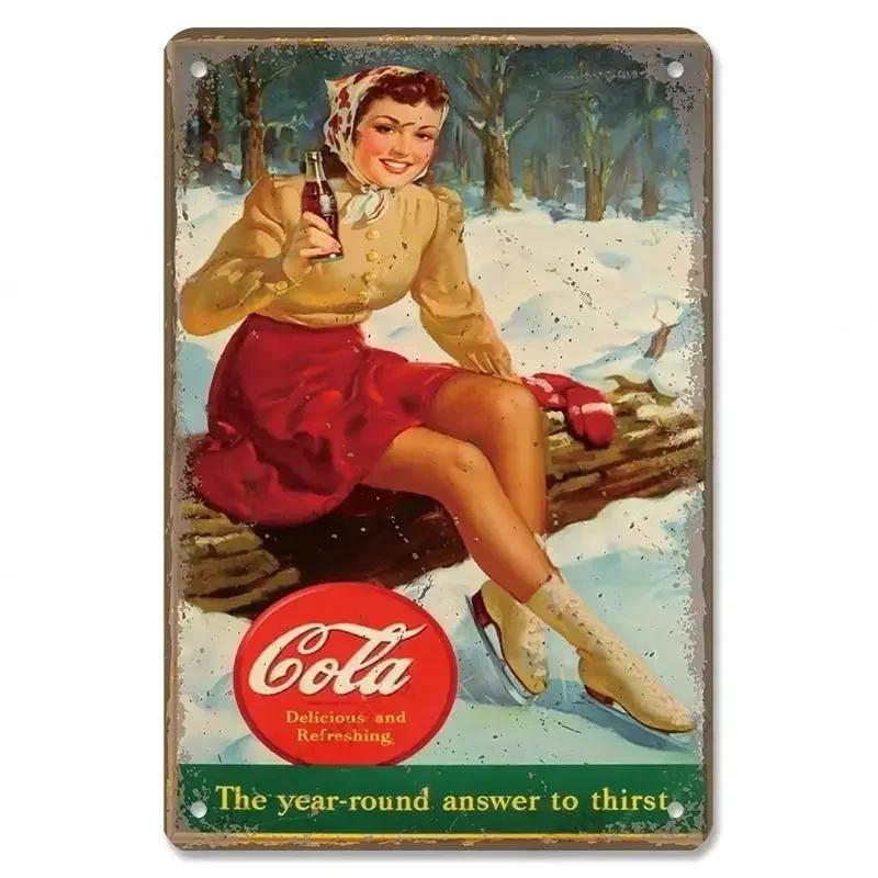 Жестяные знаки Винтажный постер с безалкогольными напитками Cola Металлические девушки пьют бутылки Cola Металлическая пластина Настенная декорация для бара, паба, клуба, ресторана