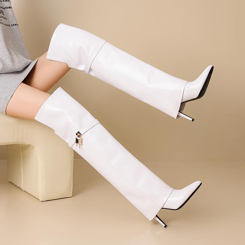 Krazing Pot Cow Split Skin Microfiber Pointed Toe Thin High Heels Size 46 Size 45 Slip On Plus Size Women Keep Warm Over-the-knee Boots