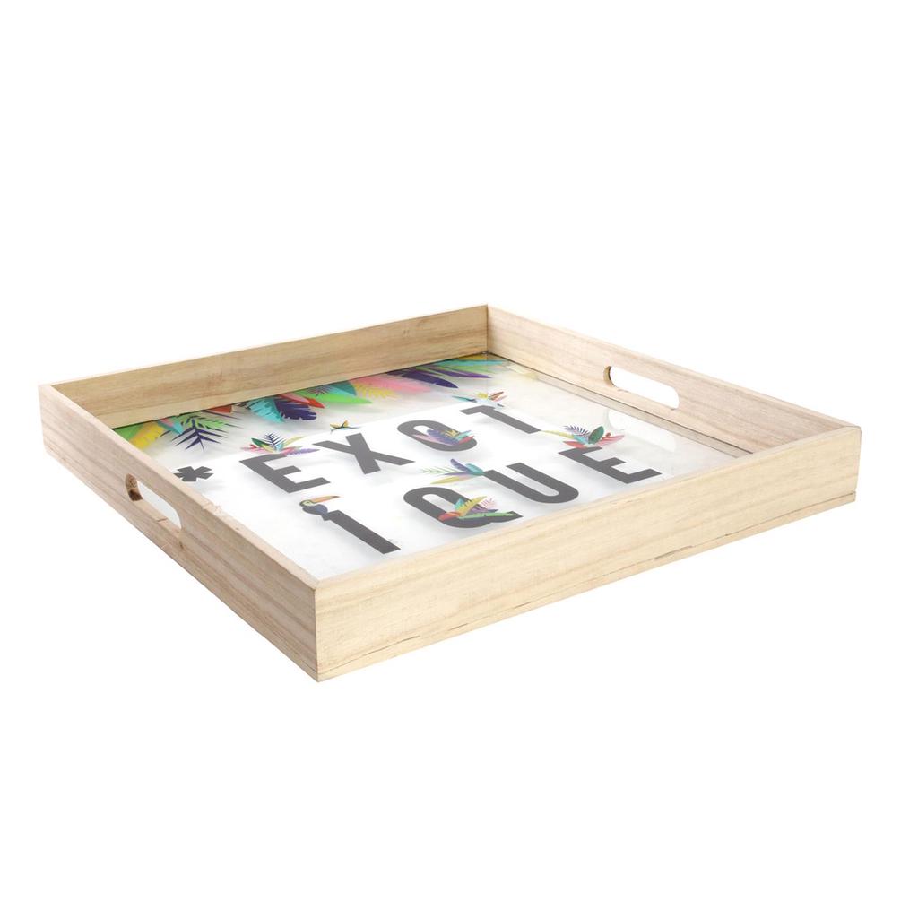 Les Trésors De Lily [Q7744] - Multicolored Beige 'Tropical' Glazed Wooden Serving Tray (Exotic) - 40x40x5 Cm