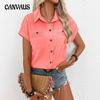 Women's Buckle Lapel Shoulder Pleated Pockets In Shoulder Short Sleeve Shirt T-shirt