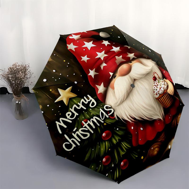 1pc Merry Christmas Gnome with Cupcake, Auto Open Close Umbrella, Portable 3-Fold Design, 8-Bone Iron Frame, Outdoor Umbrella, Festive Gift for Fans,