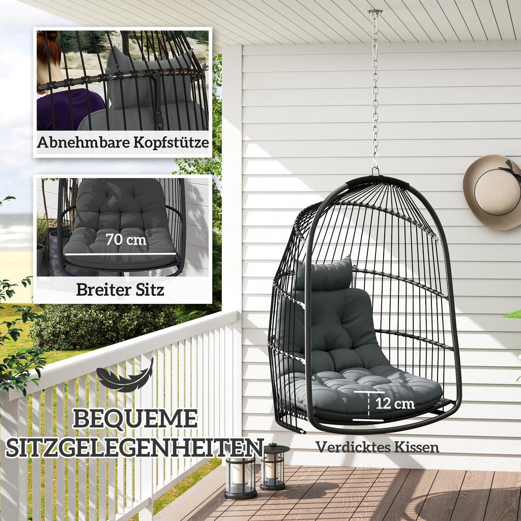 Hanging Chair Hanging Basket with Cushion Poly Rattan Swing Outdoor Indoor Foldable Load Capacity up to 150kg Dark Grey