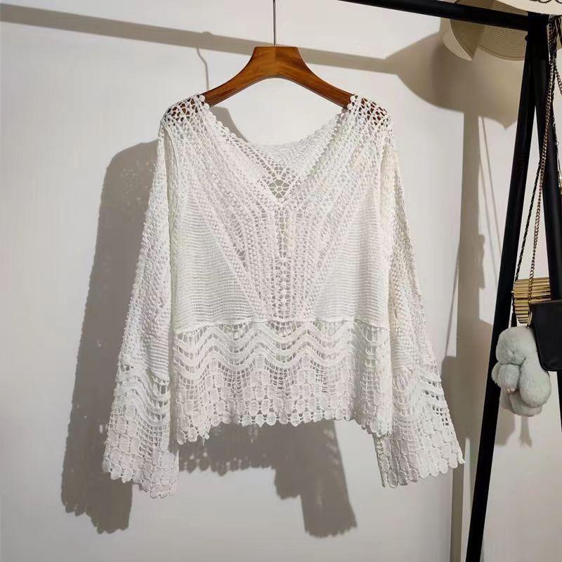 Вязаный свитер крючком с V-образным вырезом в стиле бохо для женщин, летняя верхняя одежда, рукава «летучая мышь», топ высокого класса