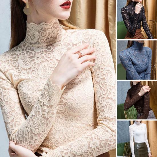 Women Bottoming Top Slim Fit High Collar Long Sleeve Hollow Out Solid Color Daily Collocation Thin