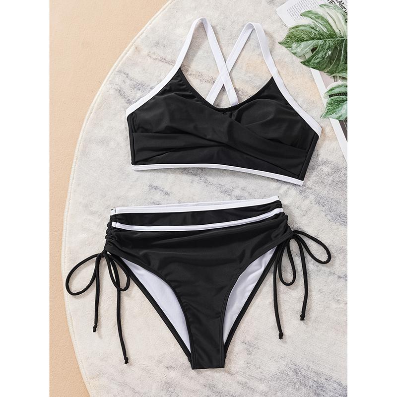 Купальник бикини с завязками по бокам, с высокой талией, женский, черный, пэчворк, крест-накрест, пуш-ап, бандажный, купальник