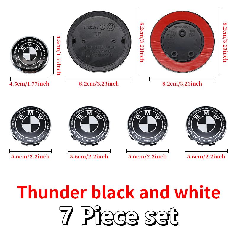 BBKR7 Car Thunder black white Logo Front Hood Emblem 82mm+Rear Badge 74mm+Wheel Hub Cap 68mm+56mm steering wheel sticker For All BMW