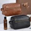 Leather Toiletry Travel Pouch for Women Men Vintage Bathroom Water Resistant Cosmetic Shaving Bags with Large Capacity