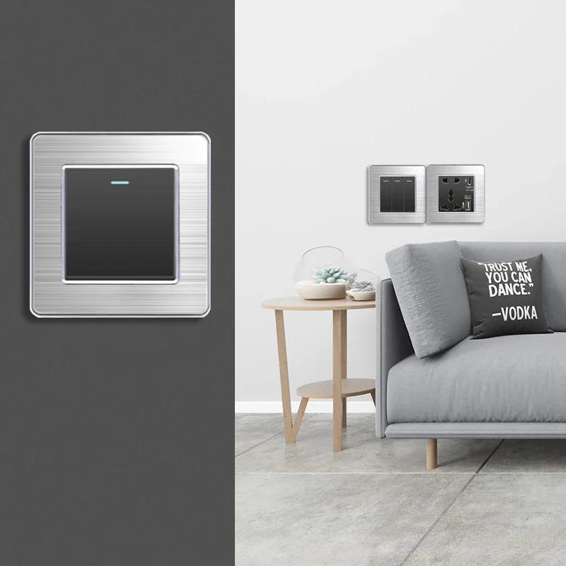 Luxury Brushed Stainless Steel Wall Light Switch,Universal 5pin 18W Type-C Quick Charging outlet,UK Standard Dual USB Socket