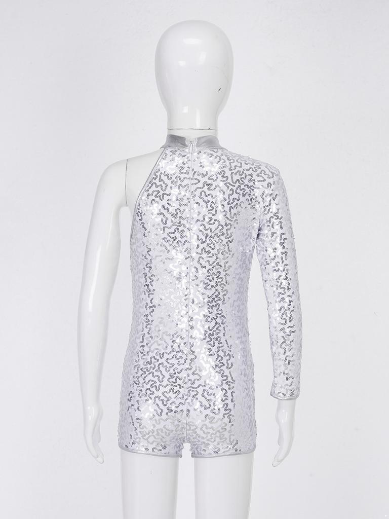 Kids Girls Single Long Sleeve Gymnastics Leotard Sequins Ballet Dance Unitards Short Jumpsuit