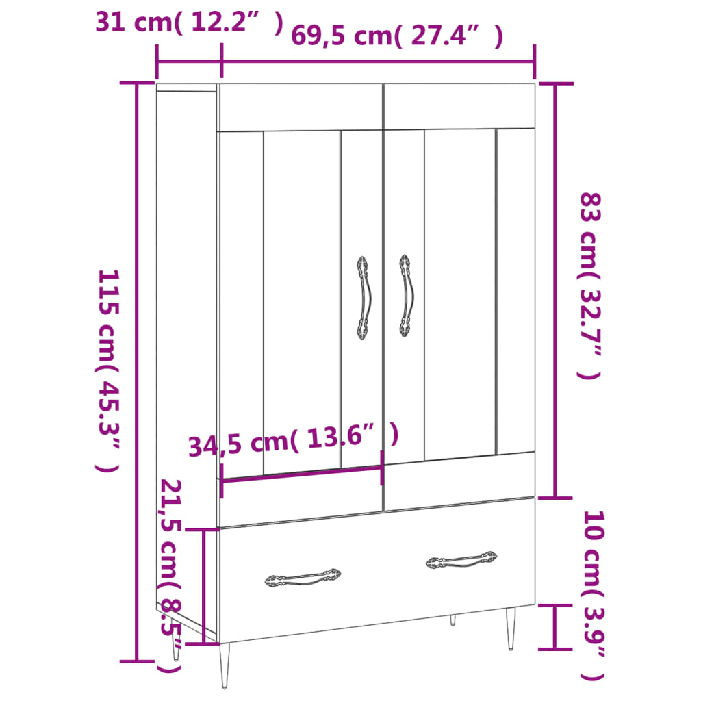 Highboard in Sonoma Oak Finish 27.4 x 12.2 x 45.3 (L x W x H) Particleboard