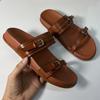 Fashion Outdoor Summer Beach Slippers for Woman Round Toe Fashion Metal Buckle Female Flat Shoes Soft Sole Leather Ladies Seaside Slides