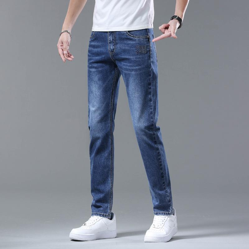 High-end Men's Jeans Dark Blue Abrasive White Tide Soft Breathable Men's Slim Thin Casual Straight Trousers Male