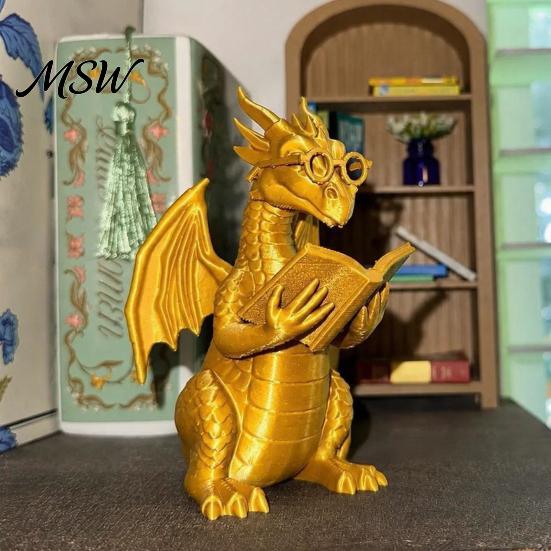 Decorative Book Holder Reading Dragon Figurine with Glasses, Statue, 3D Printed Fantasy Bookshelf Ornament Decor, Whimsical Desktop Ornament, Gift for