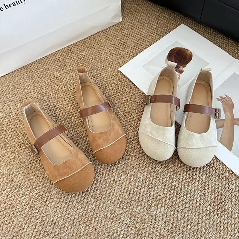 Модные женские туфли-лоферы из замши и кожи, женская обувь в стиле ретро с мягкой подошвой, удобные балетки в корейском стиле с круглым носком, повседневная обувь