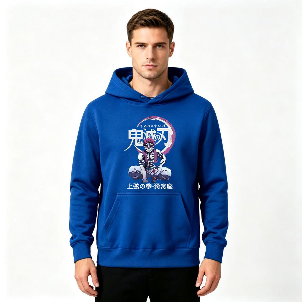 Men Demon Anime Akaza Printed Pullover Hoodie Casual Long Sleeve Sweatshirt