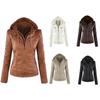 Lady Faux Leather Long Sleeve Solid Color Zipper Removable Hooded Jacket Outwear