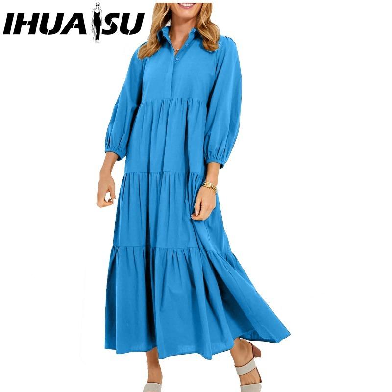IHUASU Женская мода весна осень сплошной цвет печати с длинным рукавом ПОЛО шеи Высокая талия повседневные платья