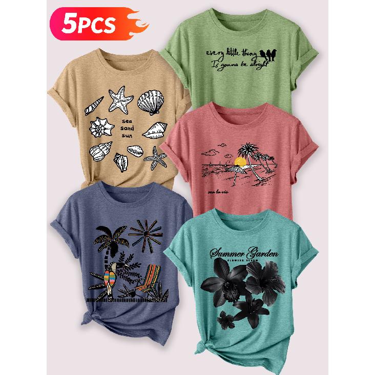 Follow a specific direction Five-piece set of women's short-sleeve tops Summer Beach Theme Retro Print Elegant Summer Party Outfits Elegant short