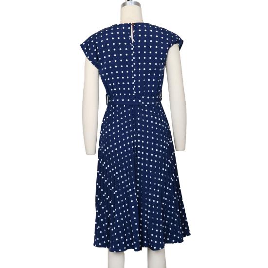 Women Polka Dot Print Midi Dress Crewneck Short Sleeve A-line Dress with Belt Summer Beach Swing Sundress