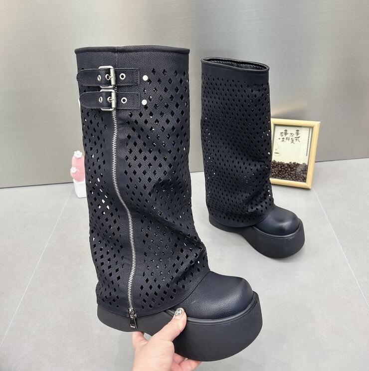 2024 зимние женские байкерские ботинки, модные женские ботинки на платформе с пряжкой на ремне, длинные ботинки-трубы, повседневные женские ботинки до колена на молнии, теплые ботинки
