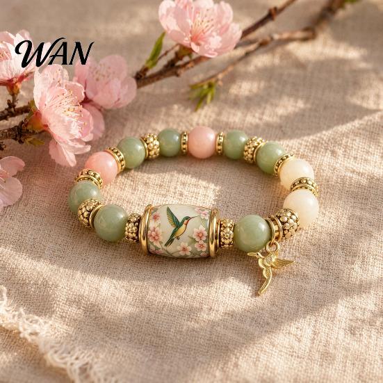 Symbolic Jewelry Bluebird Blessings Bracelet, Inspirational Hummingbird Strength Beaded Green Nature-inspired Bracelet Beads Cherry Blossoms for Women