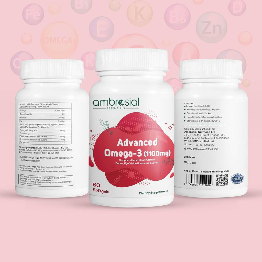 AMBROSIAL Advanced Omega 3 Fish Oil High Strength Capsules 1100mg с 360mg EPA и 240mg DHA Поддерживает здоровье сердца и иммунитета 60 Softgels