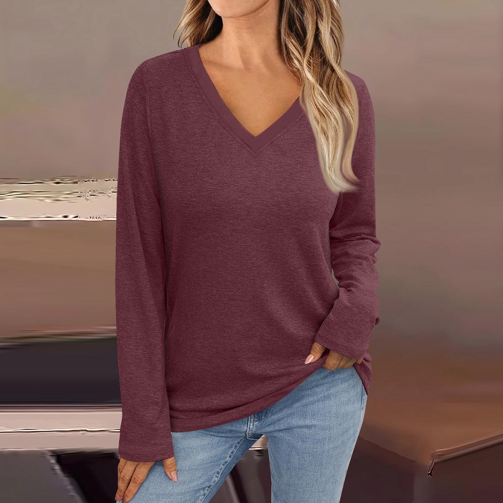 Женская модная винтажная футболка с длинным рукавом и V-образным вырезом в тон цвета осени