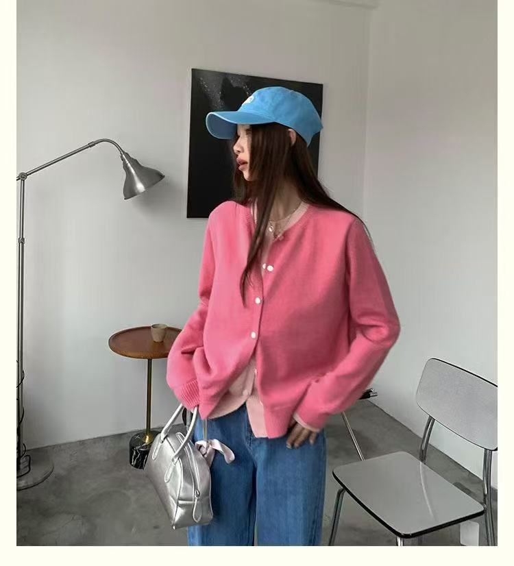 Fake two Korean soft waxy gray knitted sweater jacket women's top autumn new college sweater cardigan