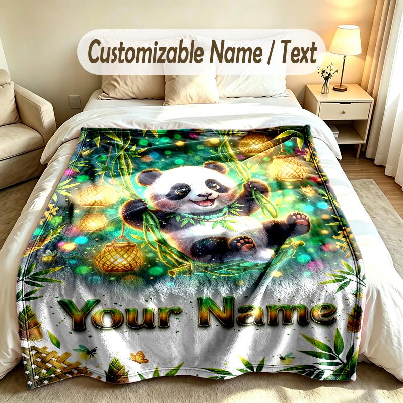 Panda Theme Custom Blanket Personalized Name & Text Customized Soft Warm Throw Blanket Home Decor